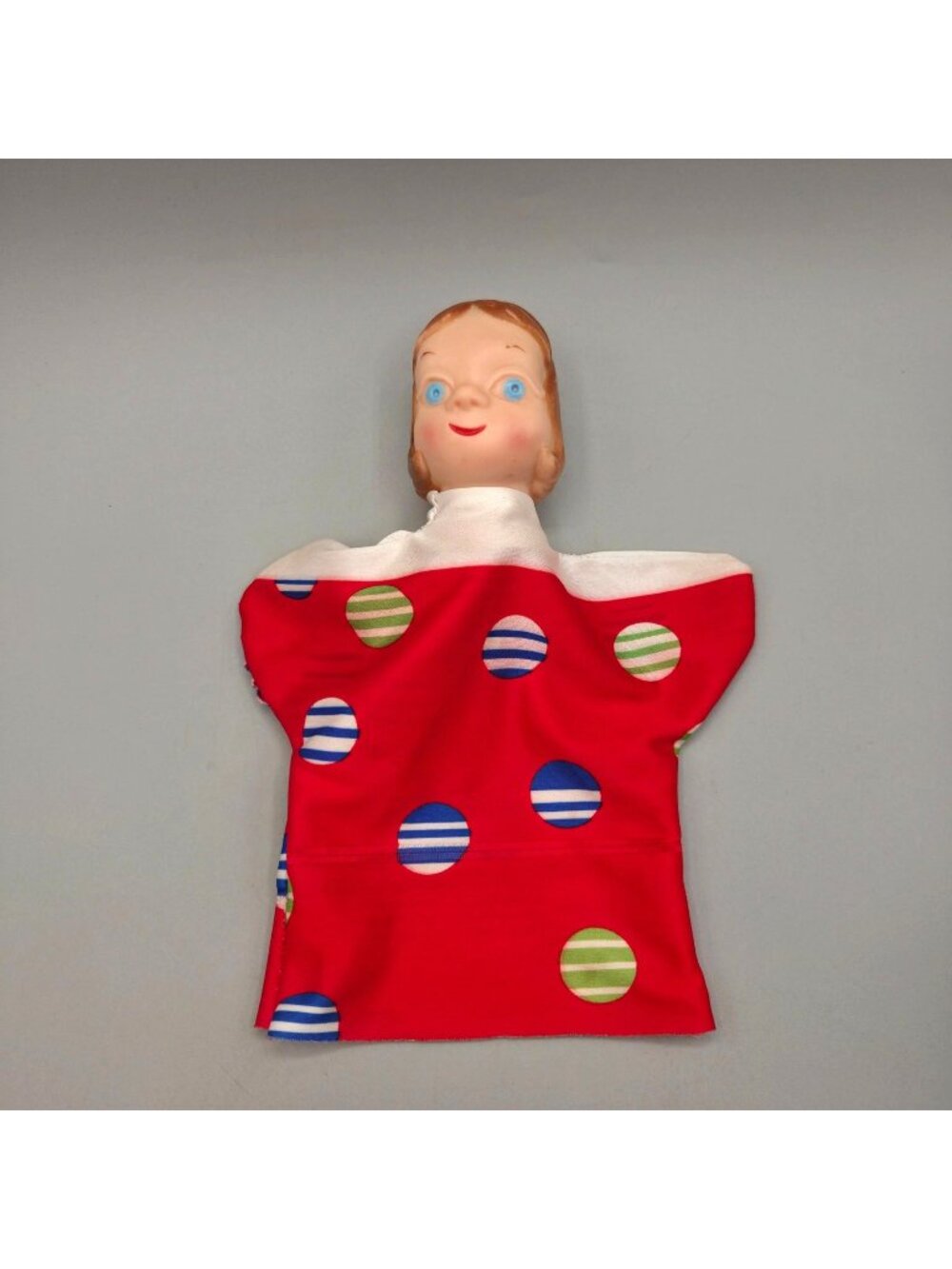 Vintage 1950s Girl Hand Puppet Rubber Head Red Polka Dot Cloth Glove